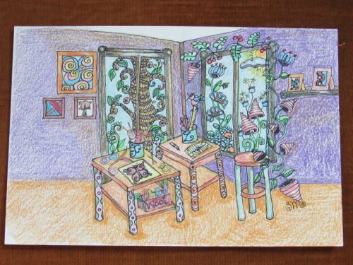 Shelly McDermott | My Studio | ink and colored pencil | $110